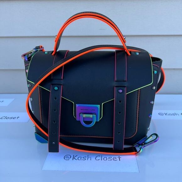 Michael Kors Manhattan Satchel Medium Leather Contrast trim Satchel Black - Picture 1 of 11